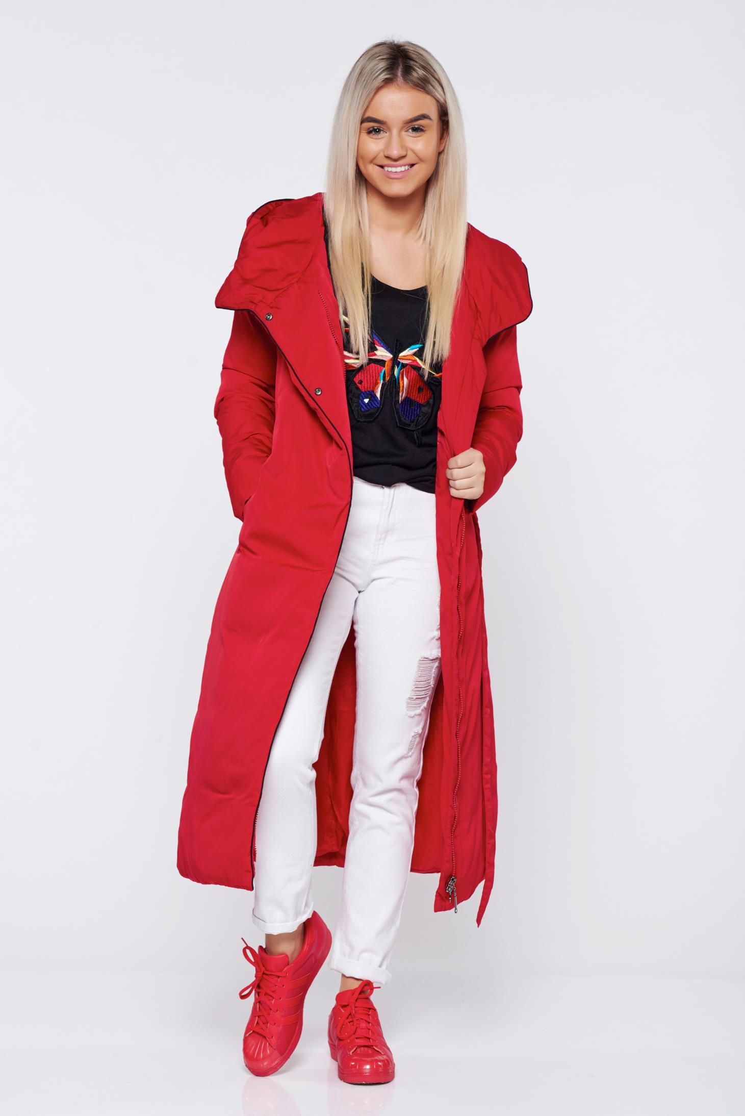 Geaca rosie casual lunga accesorizata cu cordon cu gluga nedetasabila