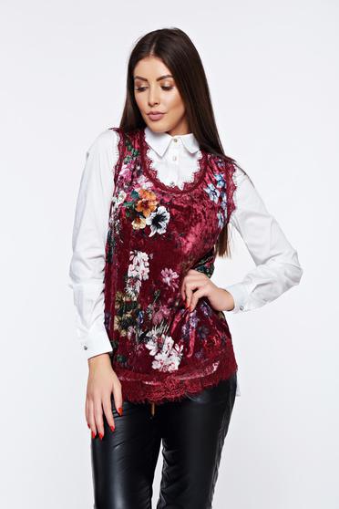 Burgundy casual velvet top shirt lace details
