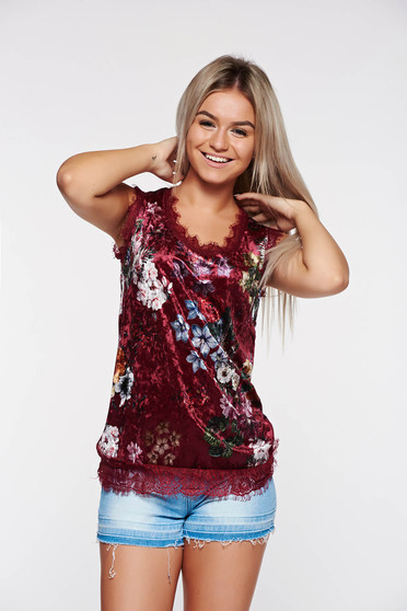 Burgundy casual velvet top shirt lace details