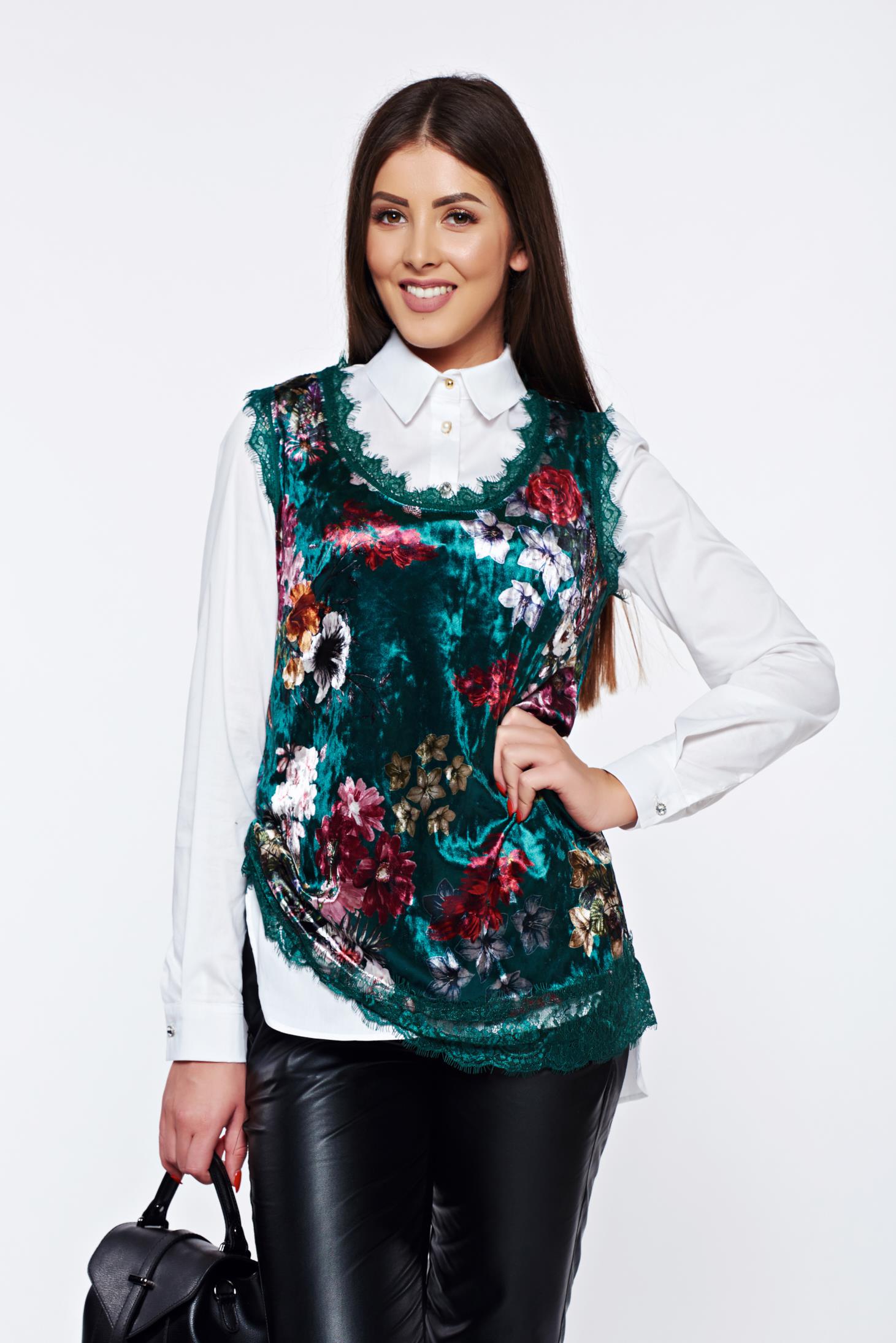 Green casual velvet top shirt lace details