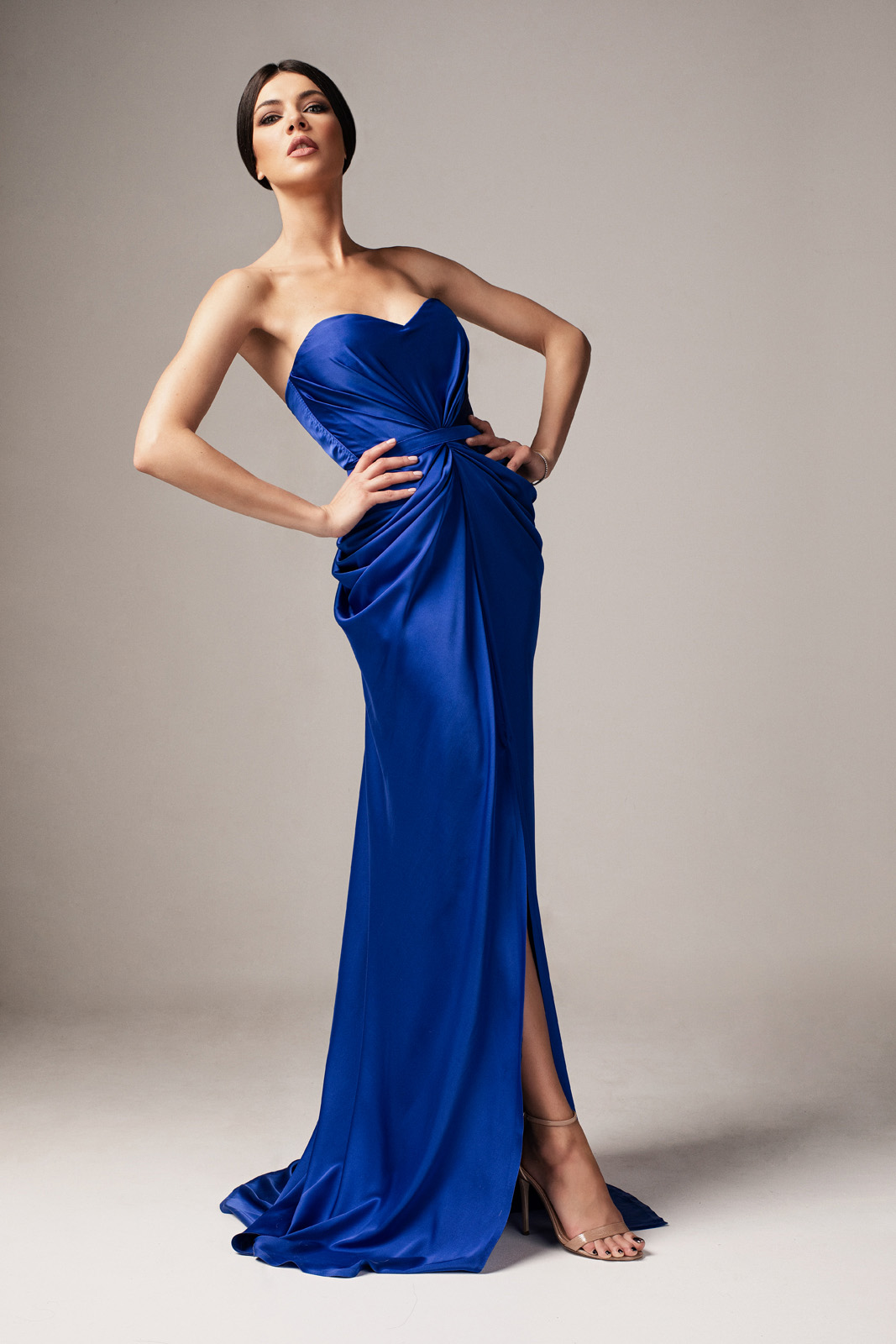 Ana Radu luxurious off shoulder dress from satin fabric texture with push-up  bra accessorized with tied waistband darkblue