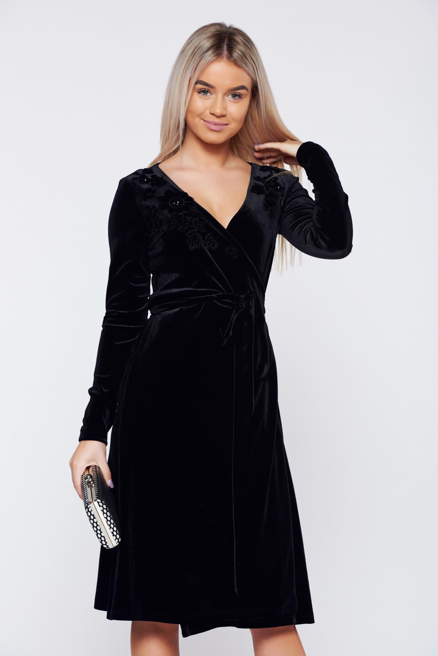 LaDonna black dress occasional wrap around velvet with floral details