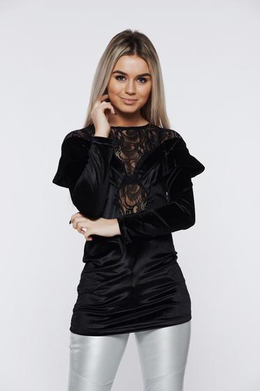 Ocassion black women`s blouse elegant velvet lace details