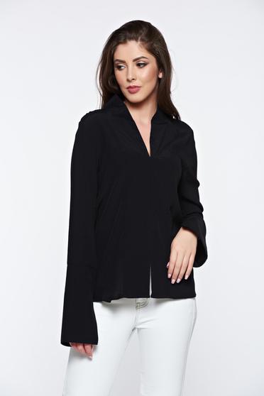PrettyGirl black office women`s shirt with v-neckline high collar