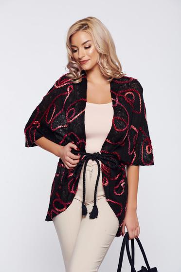 PrettyGirl black casual knitted embroidered cardigan raised flowers