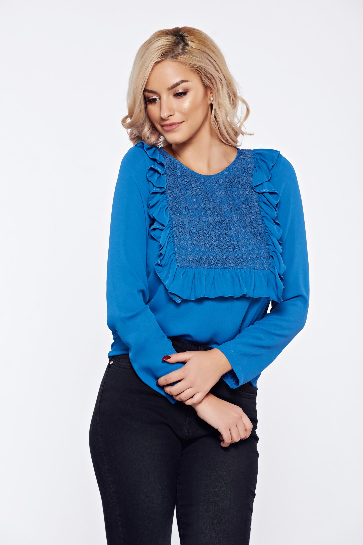 LaDonna blue office women`s blouse with ruffles on the chest and lace ...