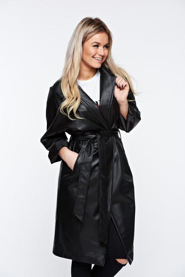 Ocassion black trenchcoat casual accessorized with tied waistband with pockets