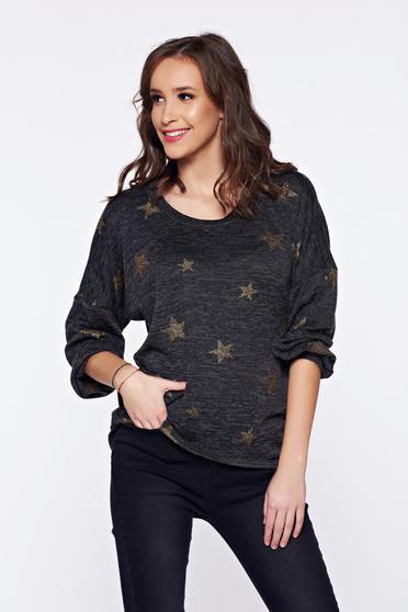 PrettyGirl darkgrey casual knitted asymmetrical sweater with graphic details