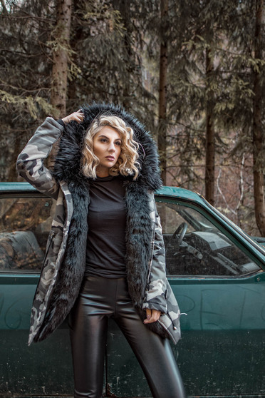 Black casual jacket with ecological fur