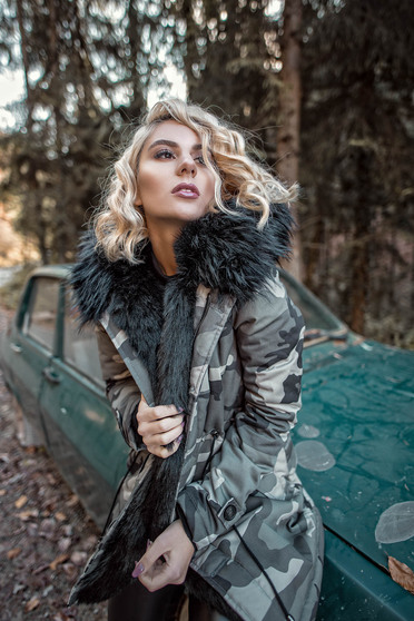 Black casual jacket with ecological fur
