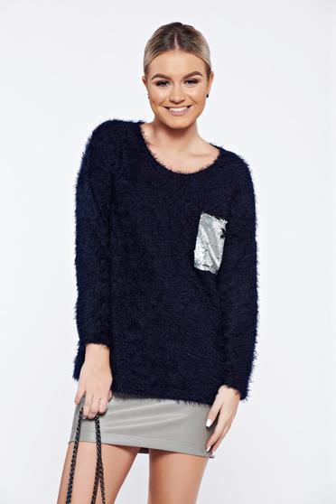 Darkblue casual knitted sweater sequin embellished details