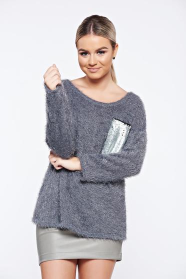 Grey casual knitted sweater sequin embellished details