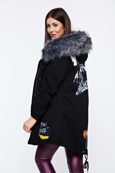 Black casual jacket with writing print and metallic spikes