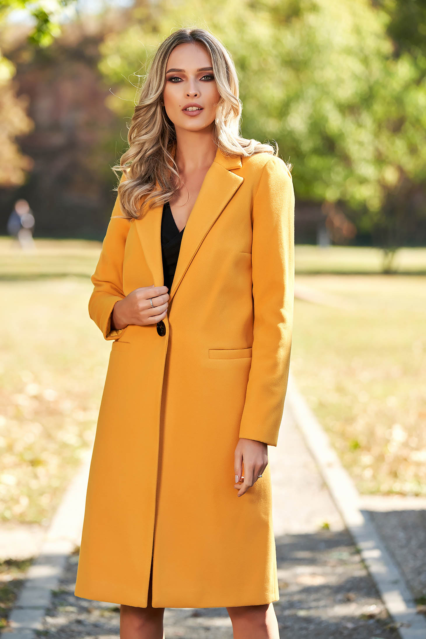 LaDonna casual straight with pockets mustard yellow coat from wool