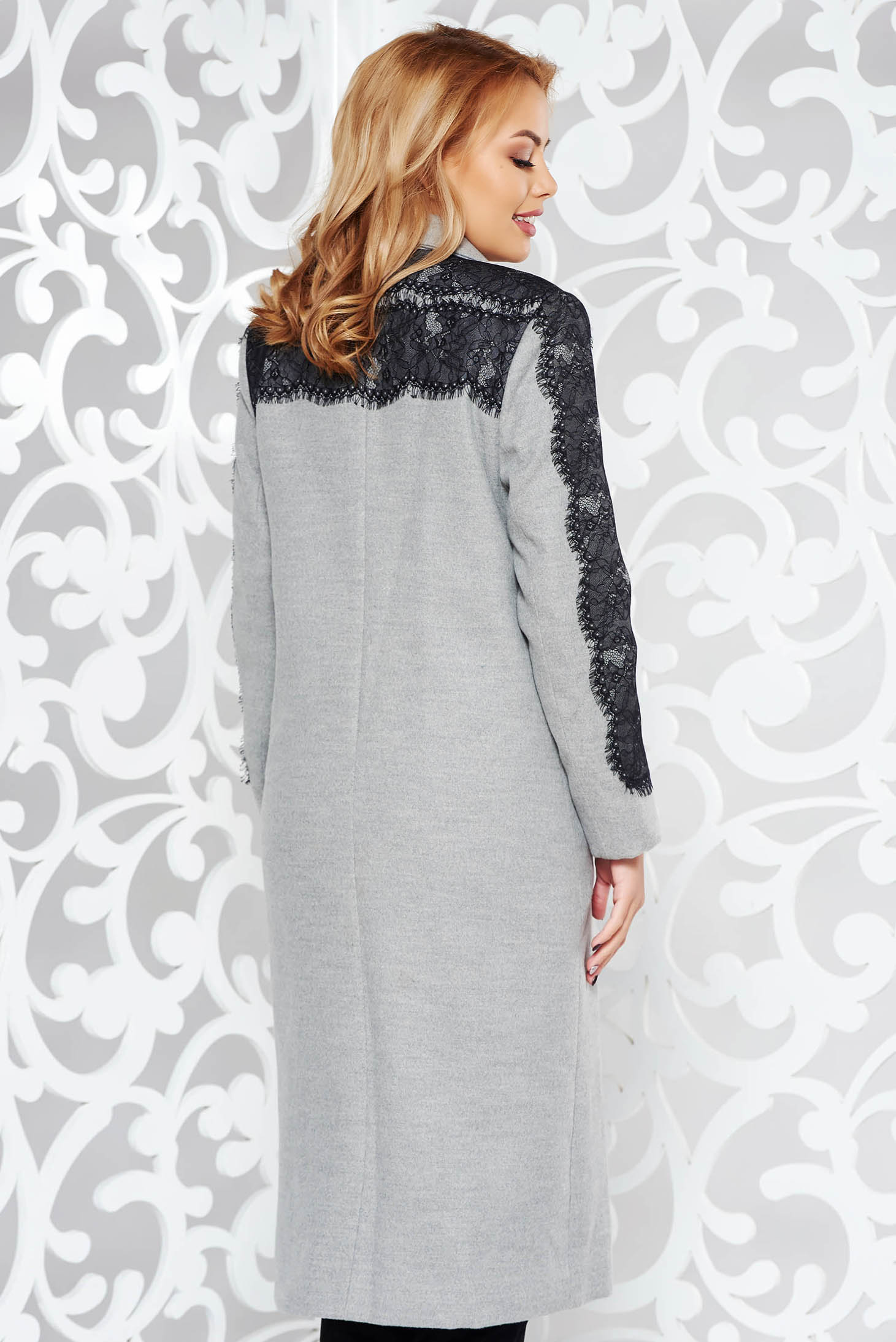 Ladonna Grey Embroidered Elegant Straight Coat With Inside Lining 6410