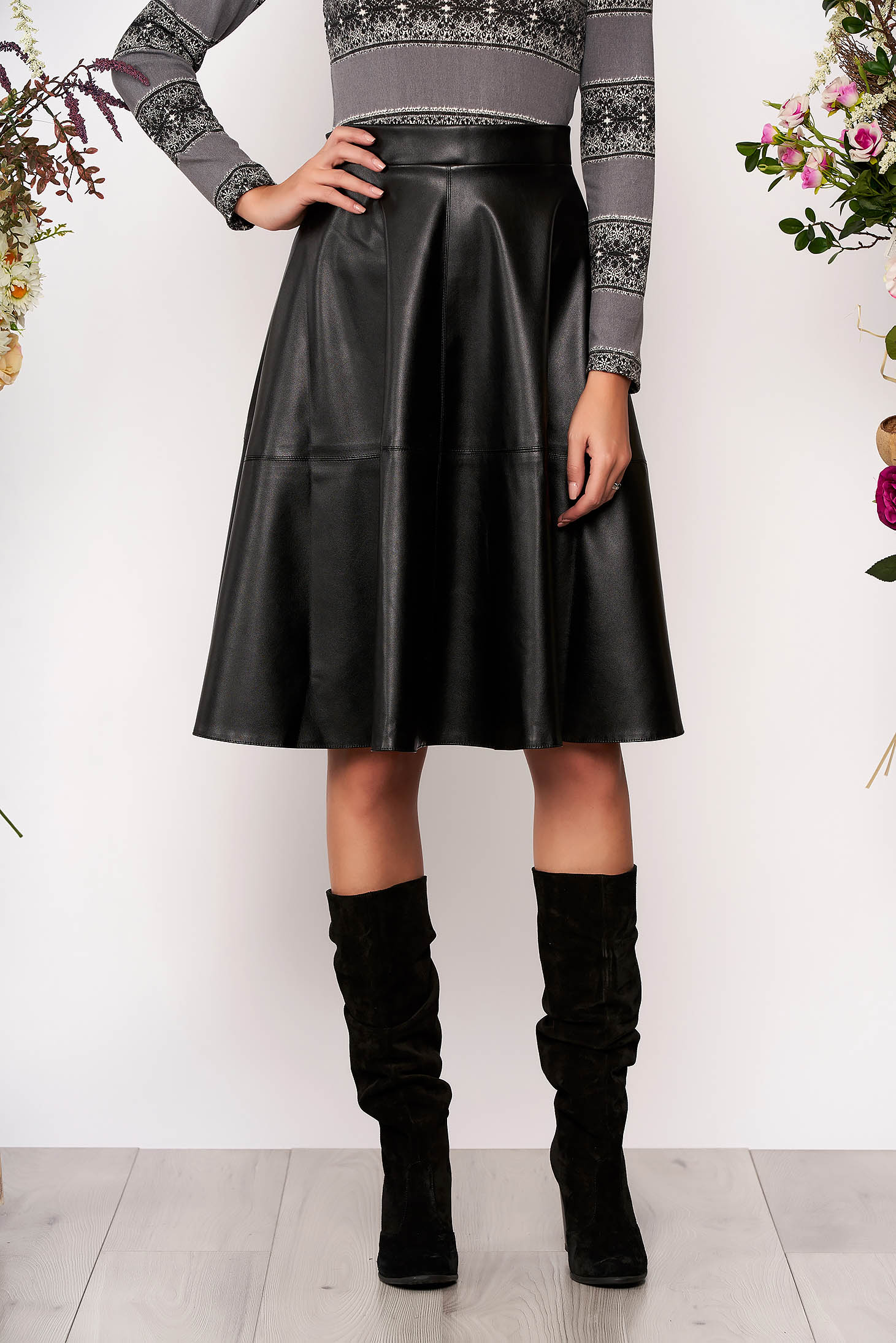 Starshiners Black Casual Cloche High Waisted Skirt From Ecological Leather 6832
