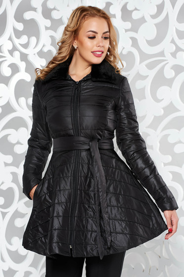 Artista casual black jacket from slicker with pockets accessorized with tied waistband