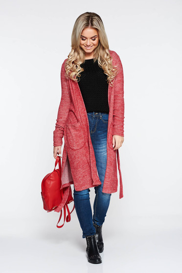 PrettyGirl red knitted cardigan fluffy fabric accessorized with tied waistband