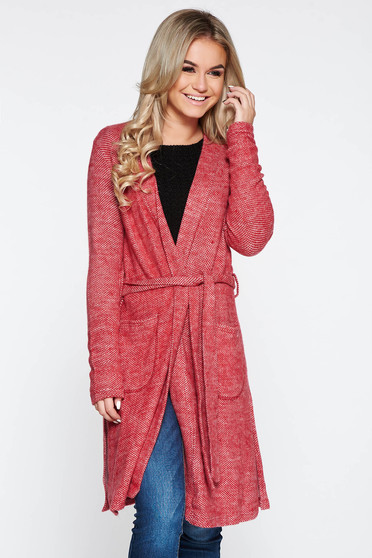 PrettyGirl red knitted cardigan fluffy fabric accessorized with tied waistband