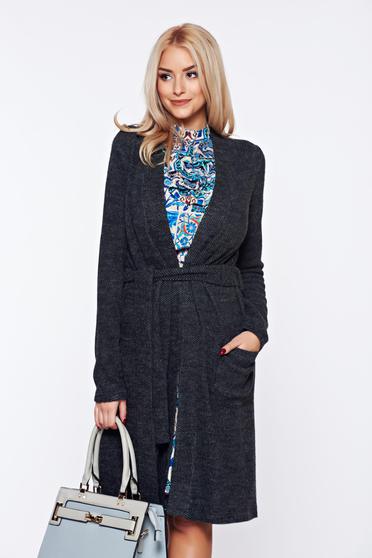 PrettyGirl darkgrey knitted cardigan fluffy fabric accessorized with tied waistband