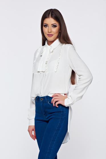 PrettyGirl white voile fabric elegant women`s shirt with ruffles on the chest and asymmetrical cut