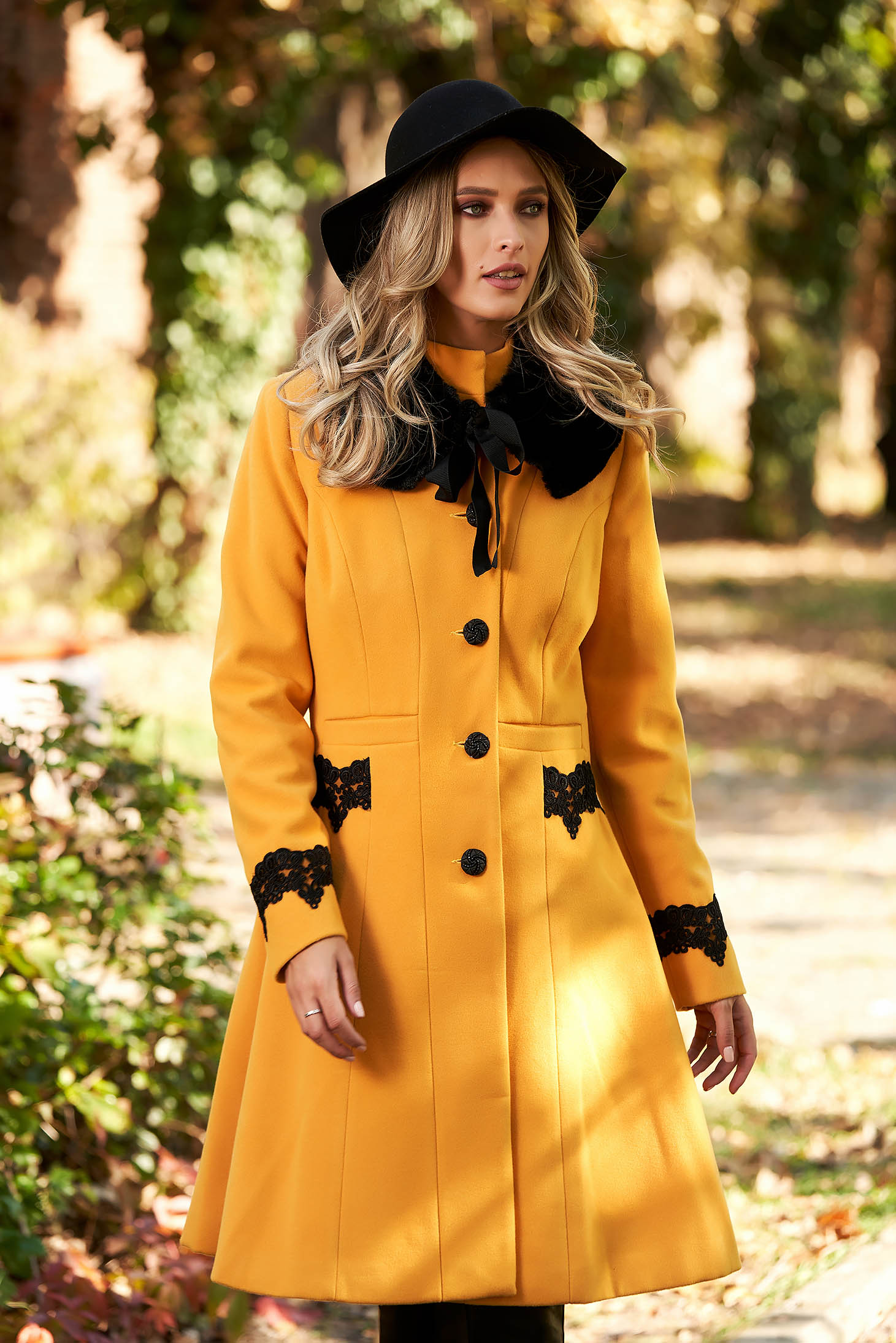 LaDonna best impulse elegant embroidered from wool with inside lining mustard coat