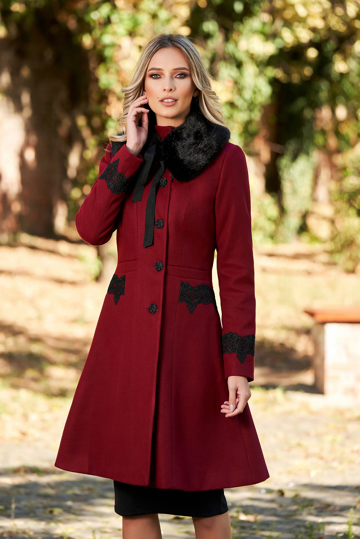LaDonna best impulse elegant embroidered from wool with inside lining burgundy coat 1 - StarShinerS.com