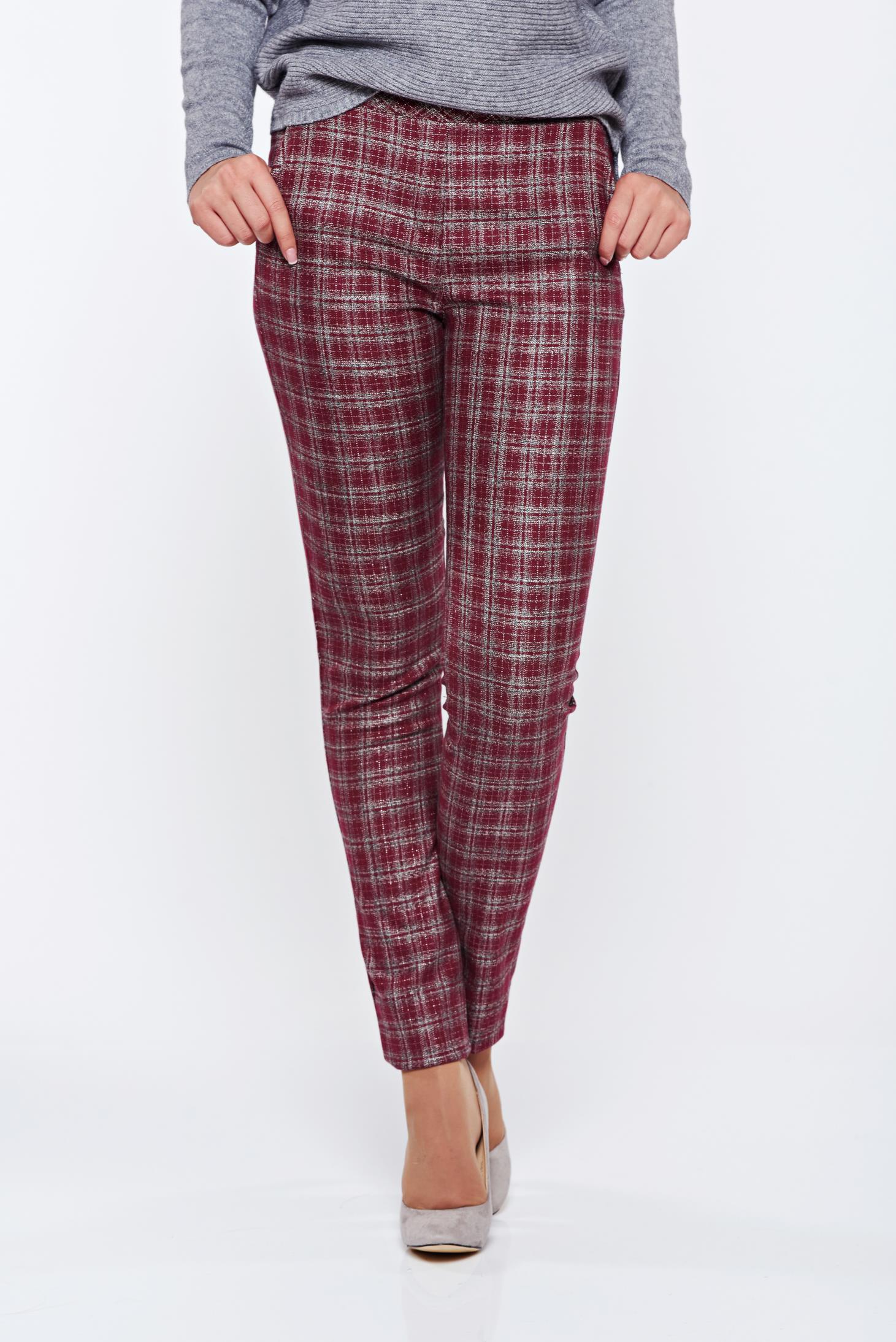 Fofy burgundy office plaid fabric trousers with medium waist