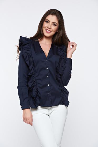 PrettyGirl darkblue office cotton women`s shirt with ruffles on the chest
