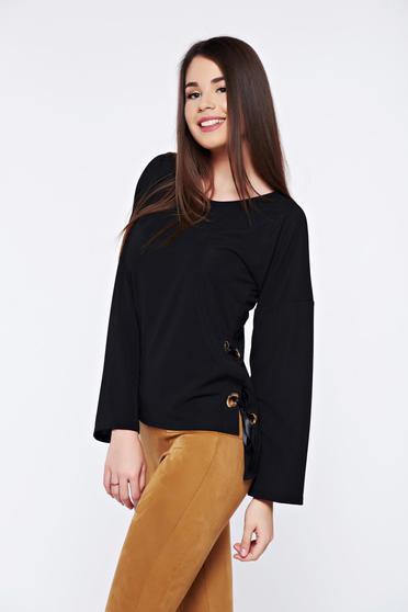 PrettyGirl black casual asymmetrical women`s blouse with ribbon fastening