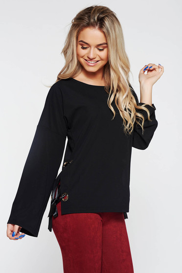 PrettyGirl black casual asymmetrical women`s blouse with ribbon fastening