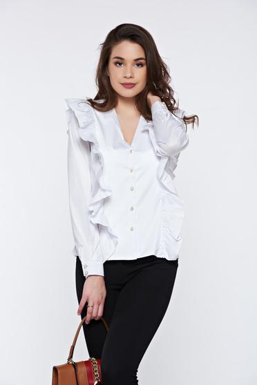 PrettyGirl white office cotton women`s shirt with ruffles on the chest