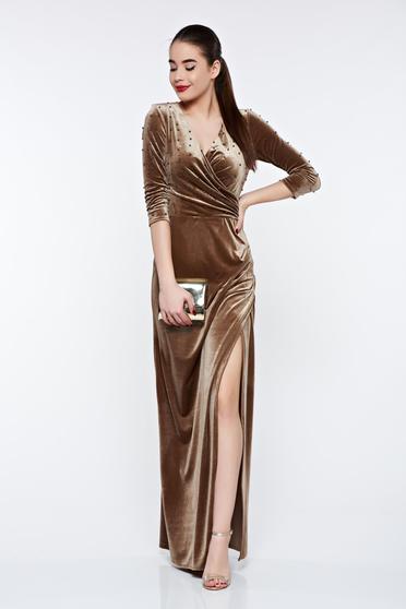 Artista brown occasional wrap around dress from velvet with small beads embellished details