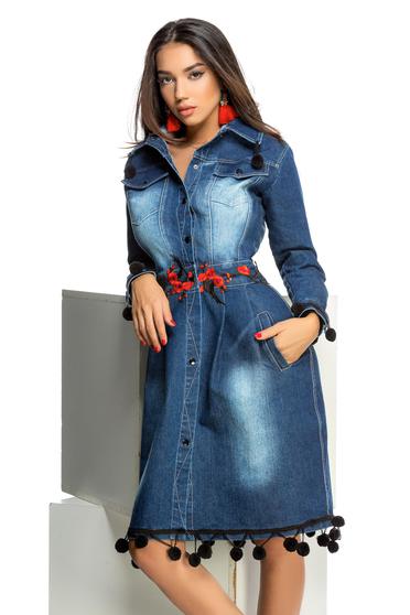 Ocassion blue casual cloche embroidered denim trenchcoat