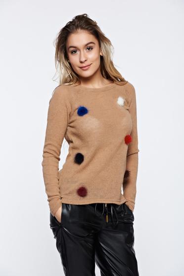 PrettyGirl cream casual knitted sweater with faux fur details