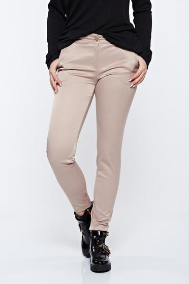 PrettyGirl cream office conical cotton trousers with medium waist