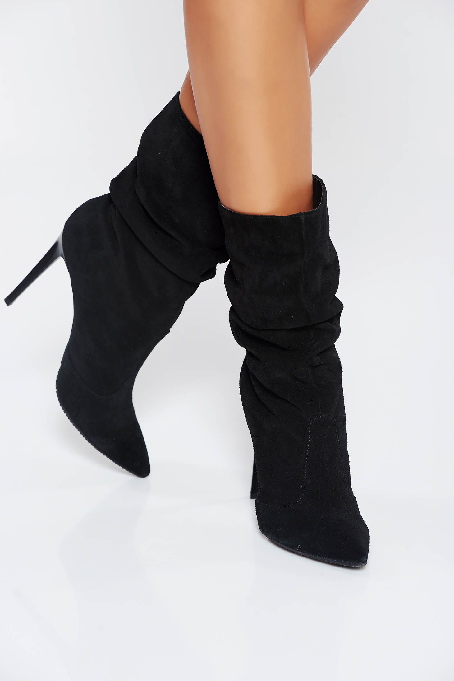 Black natural leather ankle boots with high heels