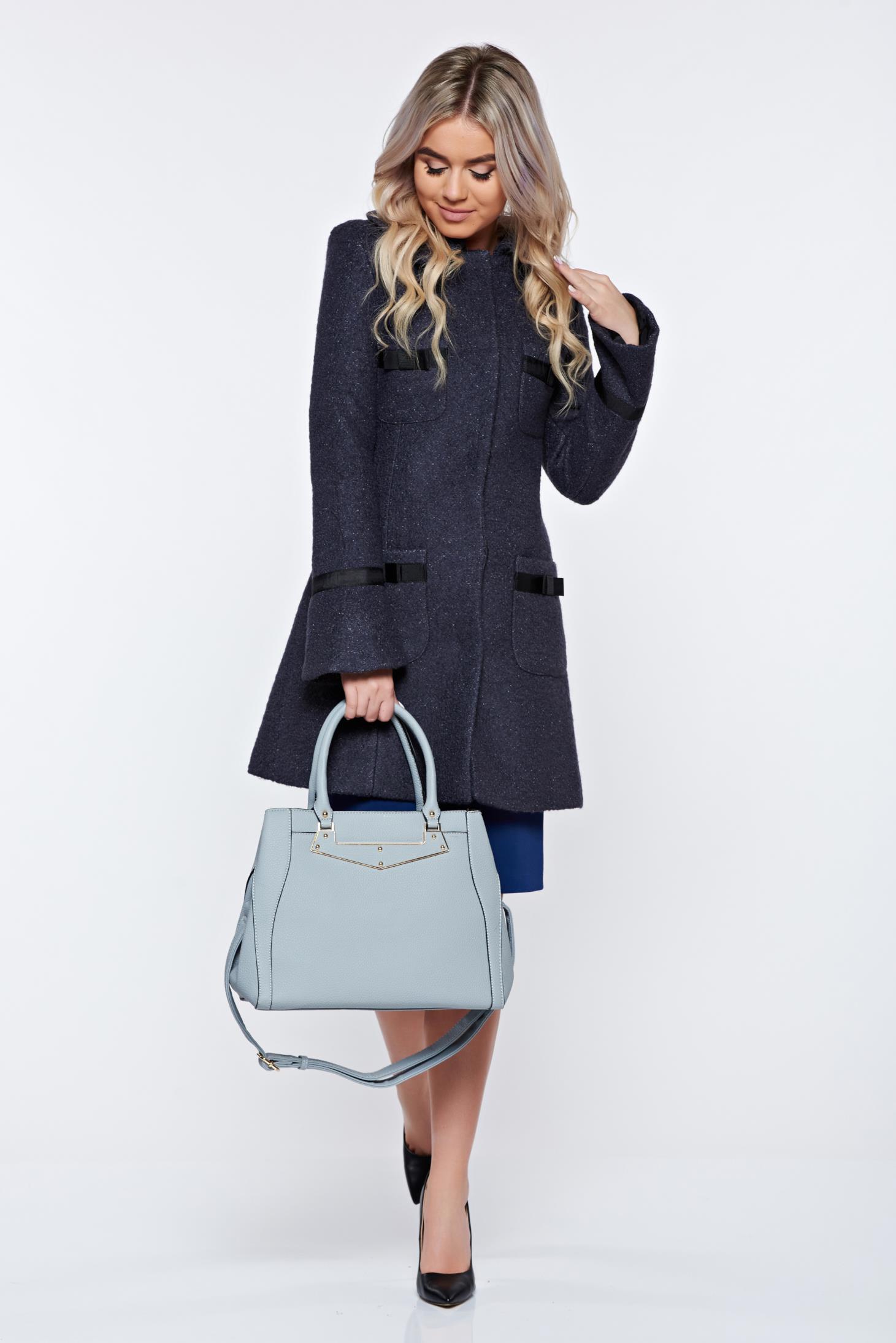 Ladonna Elegant Straight With Round Collar With Bow Accessories Darkgrey Coat From Wool 9739