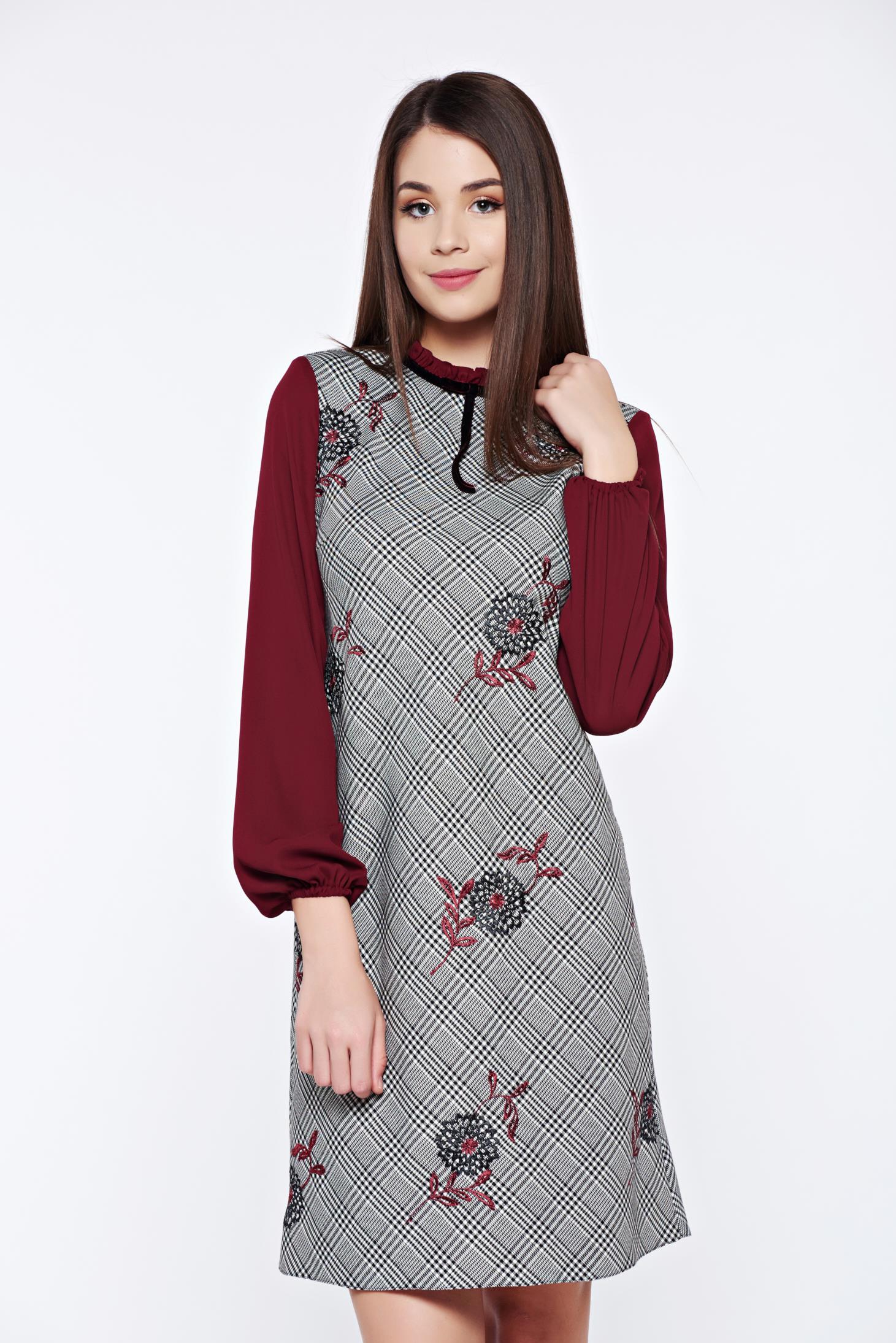LaDonna burgundy office dress with graphic print and large sleeves