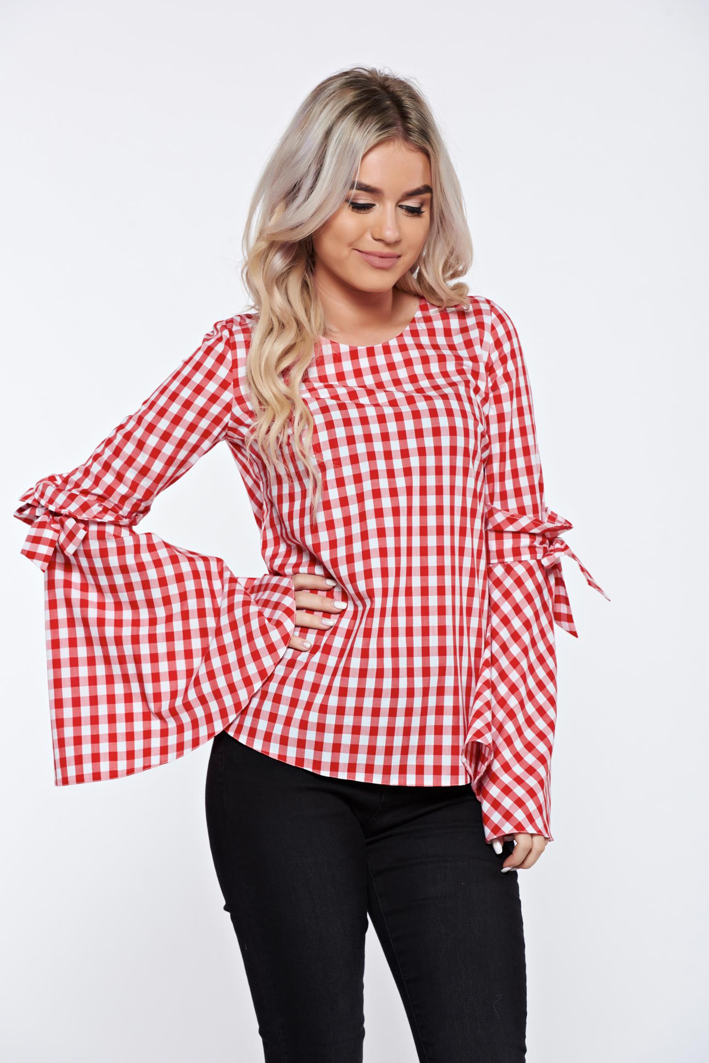 Bluza dama LaDonna rosie cu dungi din bumbac cu croi larg cu maneci clopot