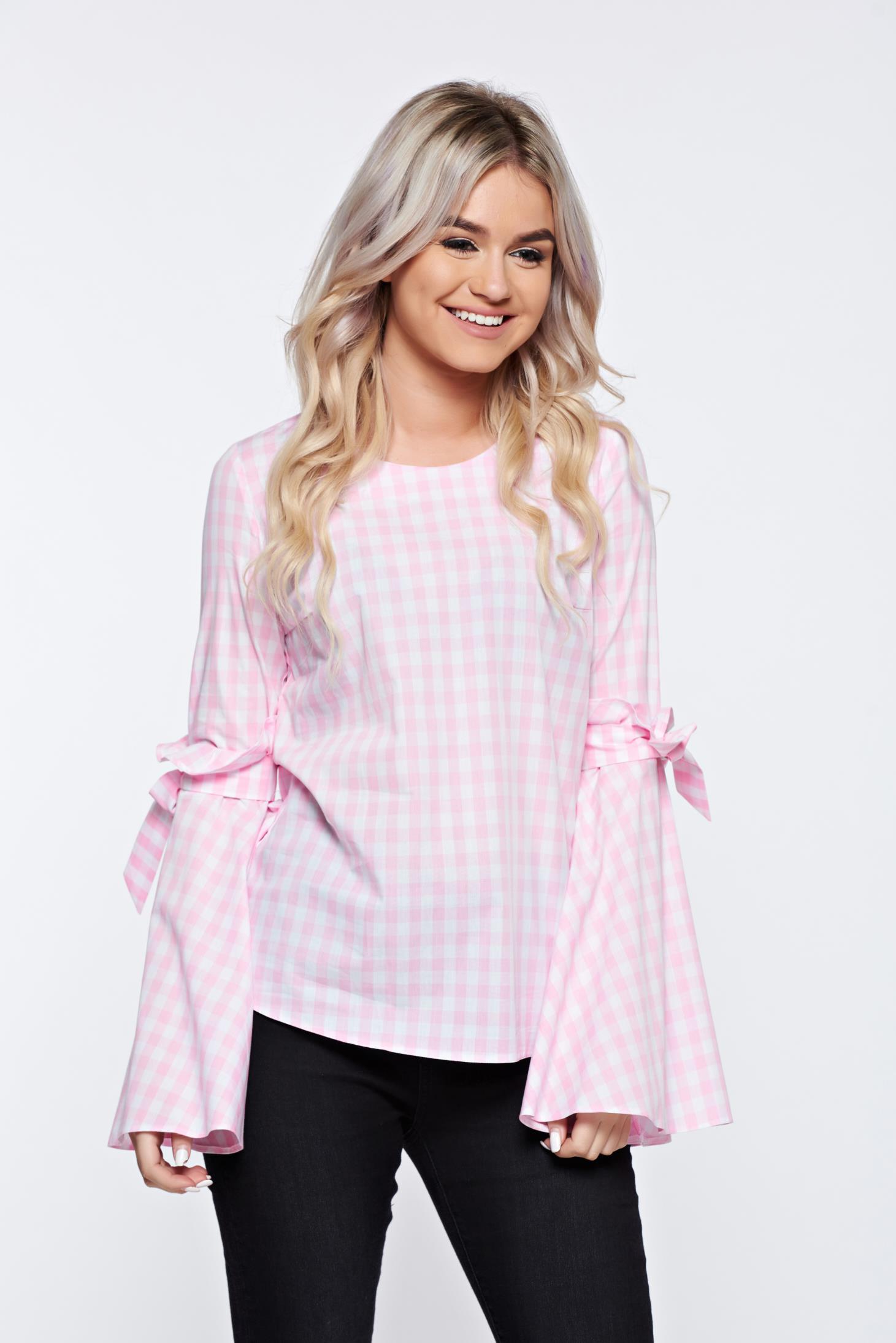 Bluza dama LaDonna roz cu dungi din bumbac cu croi larg cu maneci clopot