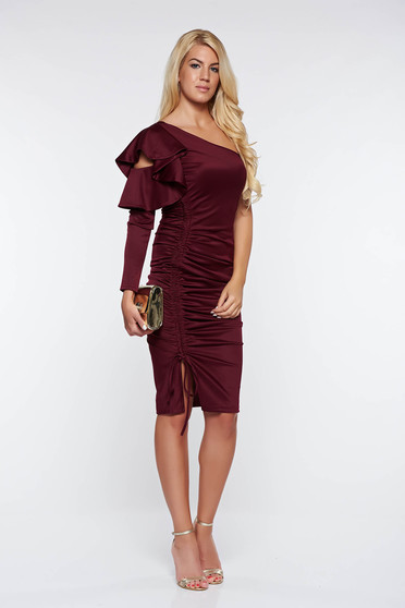 Artista burgundy occasional one shoulder dress with ruffled sleeves