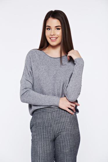 Grey casual knitted sweater with easy cut from striped fabric