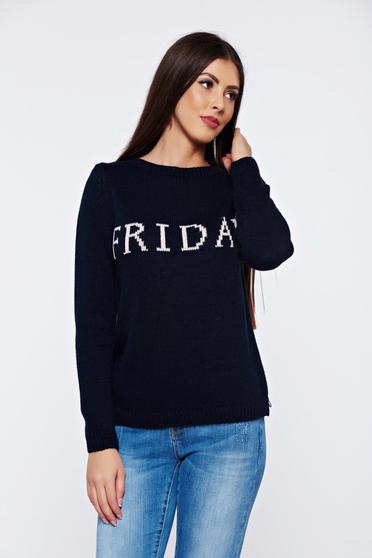 Blue casual knitted texted flared sweater