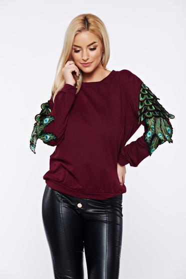 Burgundy casual cotton embroidered sweater with easy cut