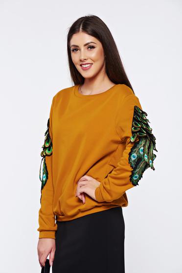 Mustard casual cotton embroidered sweater with easy cut