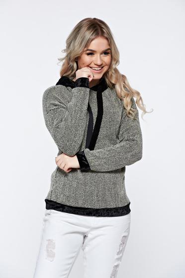 Black casual knitted hoodie with undetachable hood and velvet insertions