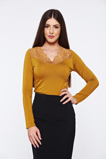 Brown casual elegant tented women`s blouse with lace details