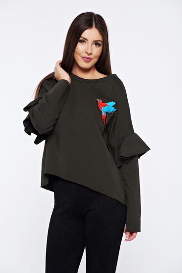 Darkgreen casual embroidered flared sweater with ruffled sleeves