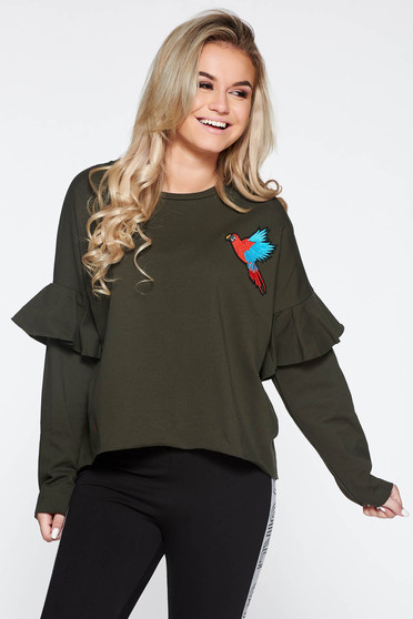 Darkgreen casual embroidered flared sweater with ruffled sleeves